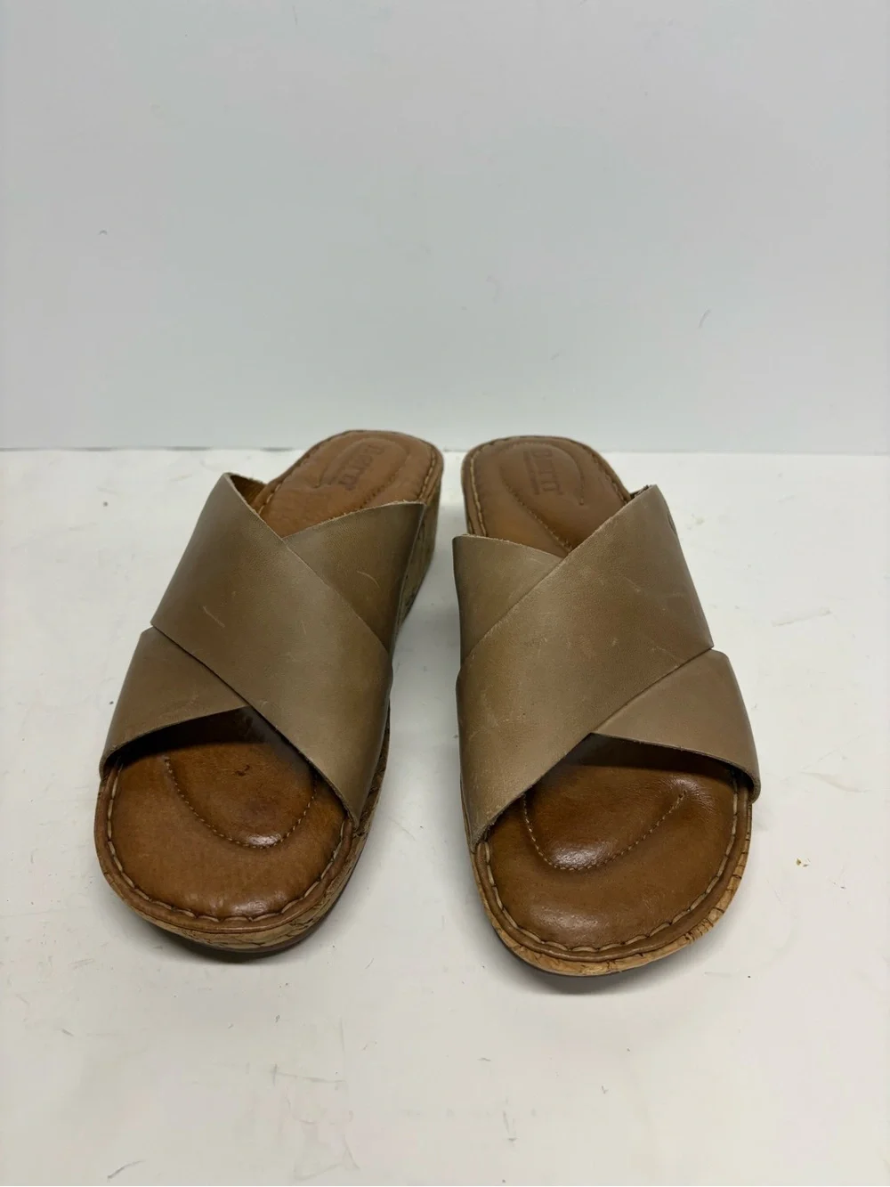 Born Women's Tan Cork Wedge Slide Sandals Leather Size 8